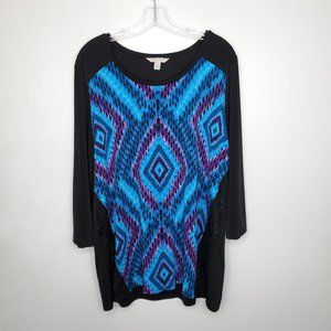 Laura Ashley Black Blue Purple Pullover Top With Eyelash Lace Trim, XL